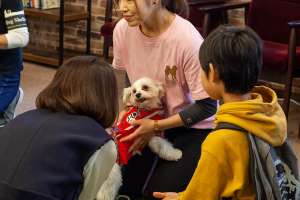 親子で保護犬と触れ合う